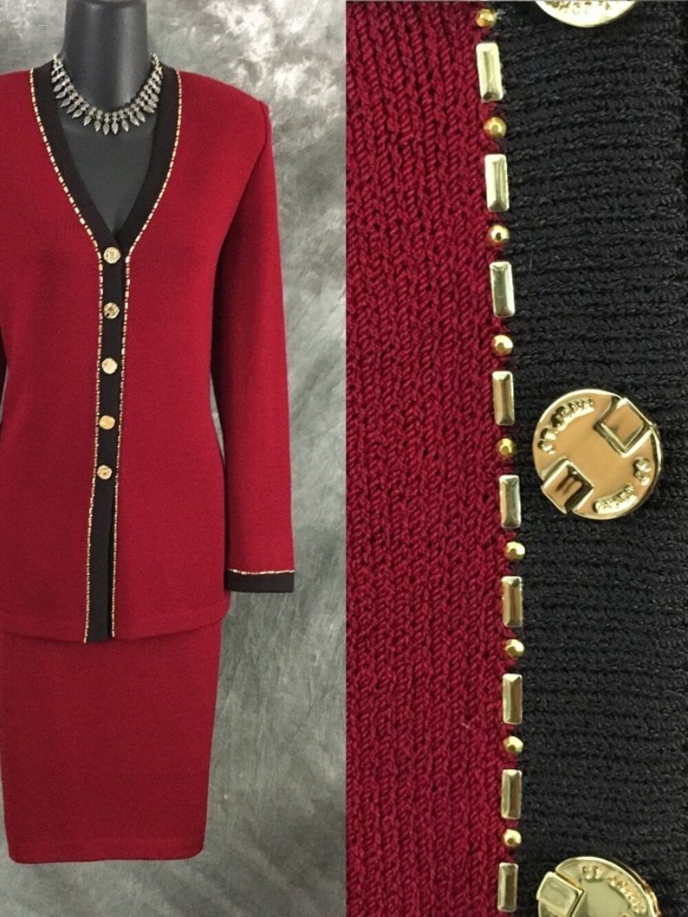 BEAUTIFUL St John collection knit red black jacket skirt suit size 8 10